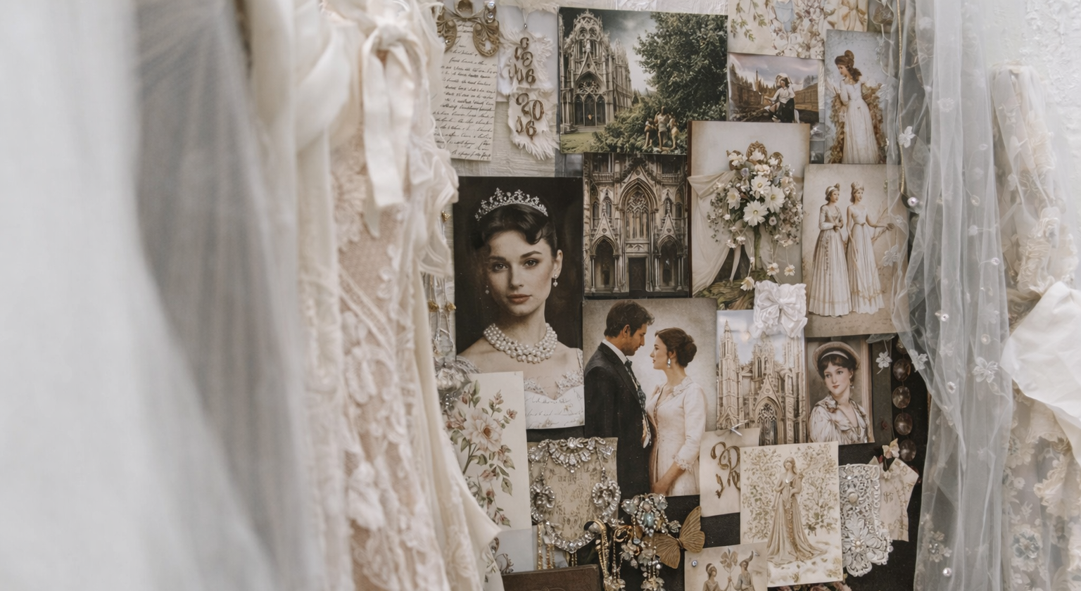 Collage of vintage wedding photos and images on a textured surface