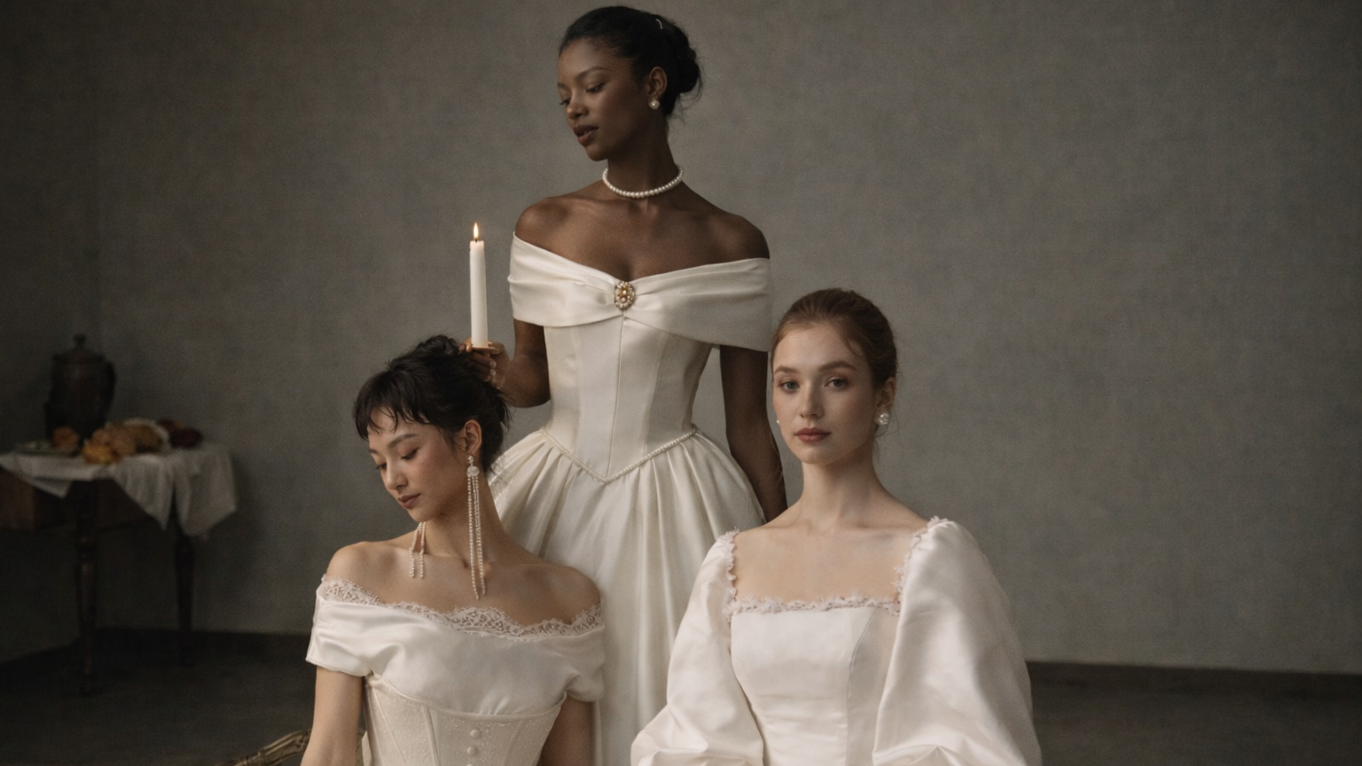 Three women in white off-shoulder dresses standing in a dimly lit room, wearing Une Jolie Balade luxurious vintage-inspired wedding dresses.